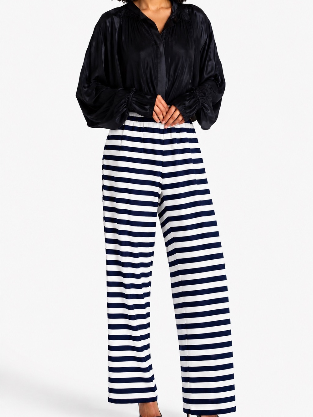 Norma Kamali Navy & White Striped Wide-Leg Pants